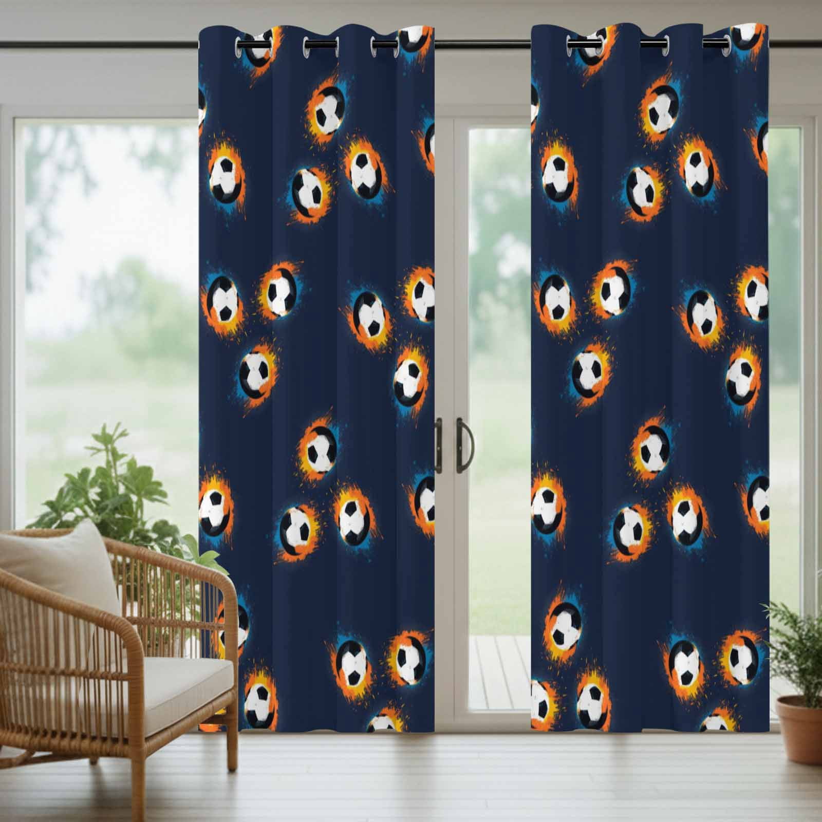 Soccer Ball Outdoor Curtains for Patio, Sports Athletic Black White Soccer Navy Blue Background Sunshade Privacy Drapes Grommet Waterproof Outside Curtains for Porch/Cabana/Balcony 54"x 108", 1 Panel