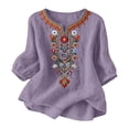 thumbnail image 2 of Qulqfy Embroidered Shirts for Women 3/4 Sleeve Fall Casual Floral Purple Comfy Tunic Cute Henley V-Neck Tshirts XL, 2 of 8