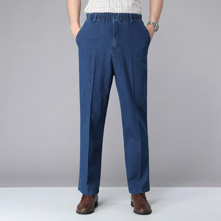 KkXUanMY Mens Travel Pants Elastic Waist Denim Pants Casual Loose Straight Leg Jeans Workwear Dress Pants, Blue, Size XL, Men's