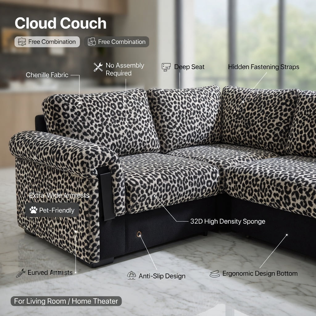 Hommoo 100" Leopard Print Chenille 3-Seater Modular Sectional Sofa, Tassel-Trimmed, Deep Seat, Ergonomic Support, Easy Snap-Together Assembly for Modern Living Rooms, khaki