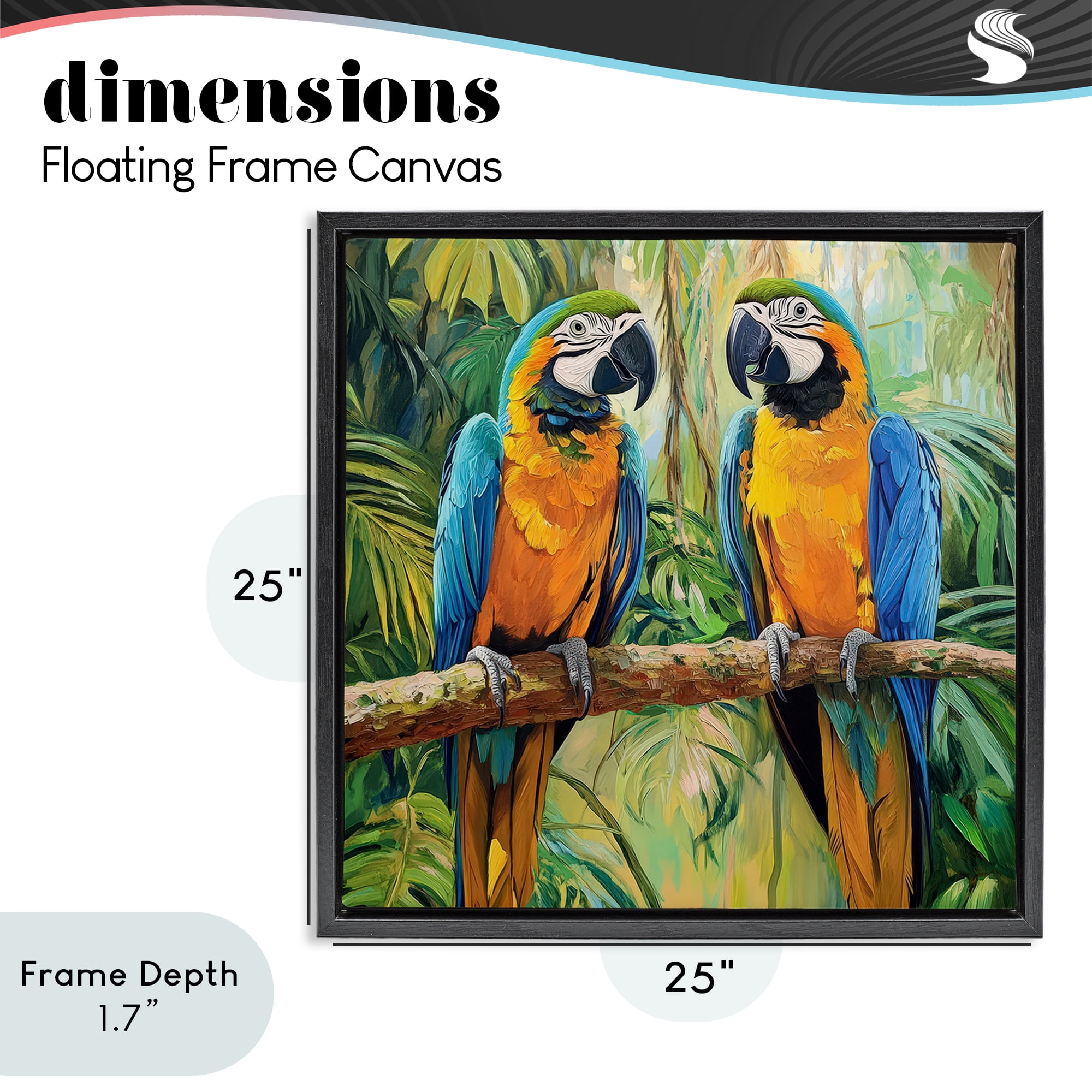 Stupell Industries Two Macaws Among Foliage Black Framed Floater Canvas Wall Art, design by Petal Prints Design