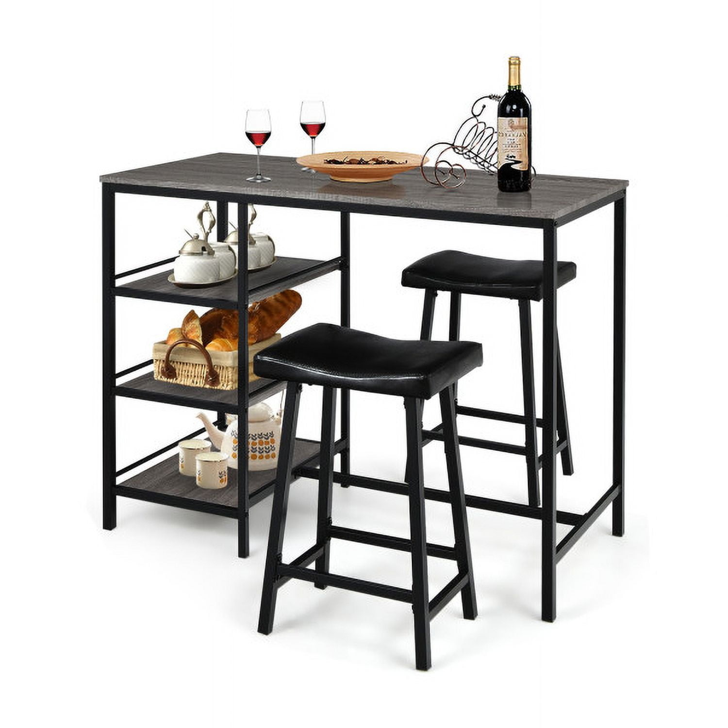 Finihen Dining Set, Dining Table Set, 3 Pieces Counter Height Dining Bar Table Set with 2 Stools and 3 Storage Shelves, for Home, Restaurant, Black Finihen Dining Set, Dining Table Set, 3 Pieces Counter Height Dining Bar Table Set with 2 Stools and 3 Storage Shelves, for Home, Restaurant, Black