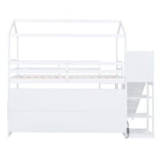Pinovk Twin Size Wood House Loft bed with Slide, Storage shelves and Light, White