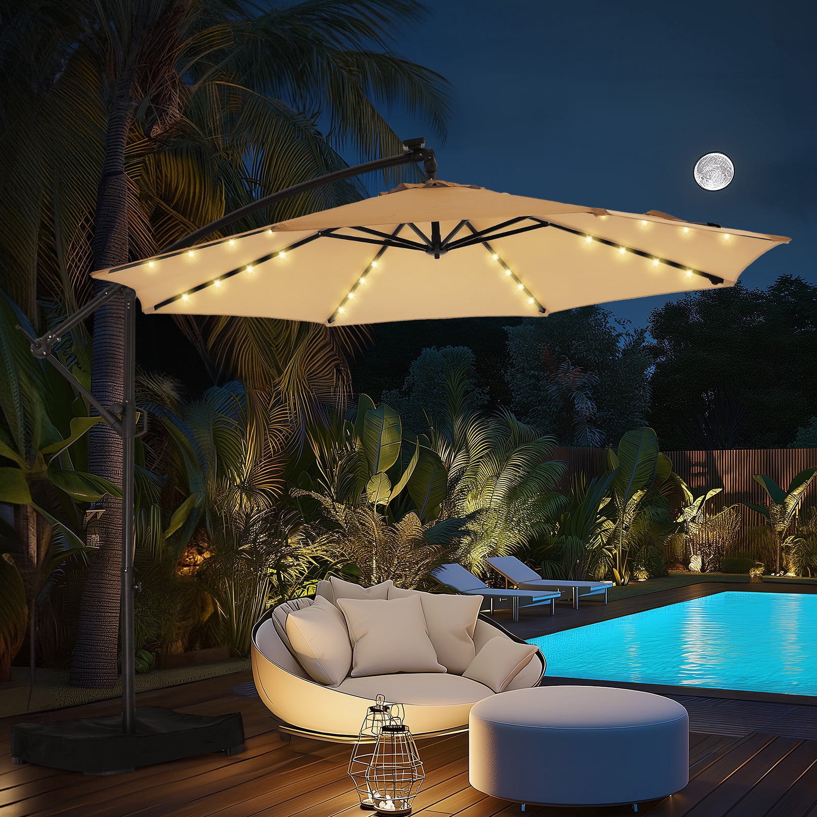 Patbrela 10ft Offset Hanging Patio Umbrella with 32 LED Lights and Easy Tilt Adjustment, Market Outdoor Umbrella Shade for Backyard, Poolside, Beach and Garden, Beige