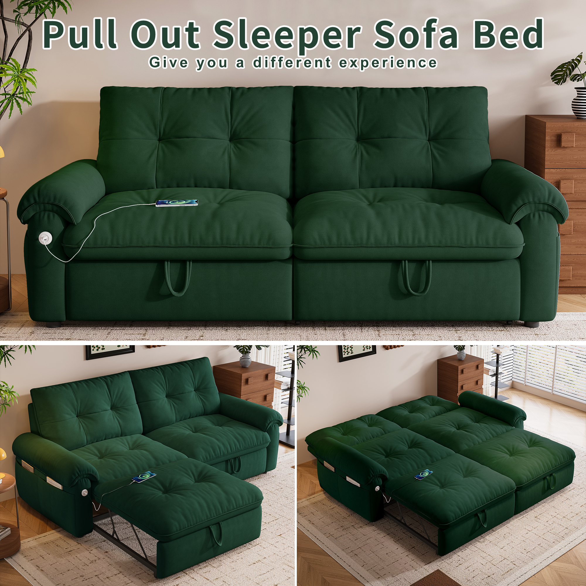 Leumius 77" Convertible Sofa Bed,2-in-1 Cloud Loveseat Sleeper Sofa with Steel Frame & USB, Chenille Pull Out Bed for Living Room/Bedroom/Apartment,Green