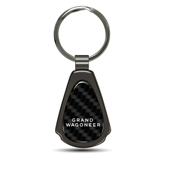 iPick Image for Jeep Grand Wagoneer Real Black Carbon Fiber Gunmetal Black Metal Teardrop Key Chain, Official Licensed