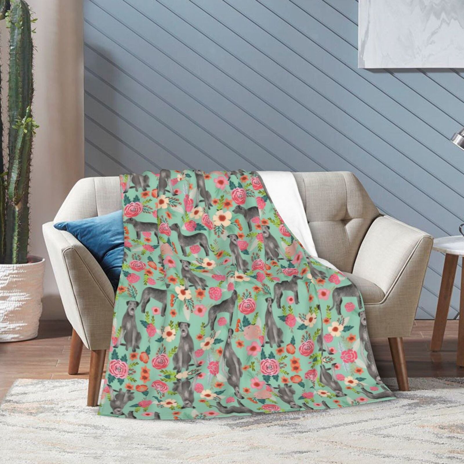 Wijzvio Irish Wolfhound Floral Dog Throw Blanket Soft Fuzzy Fleece Blanket For Couch Bed Living Room Decoration 60"X50"
