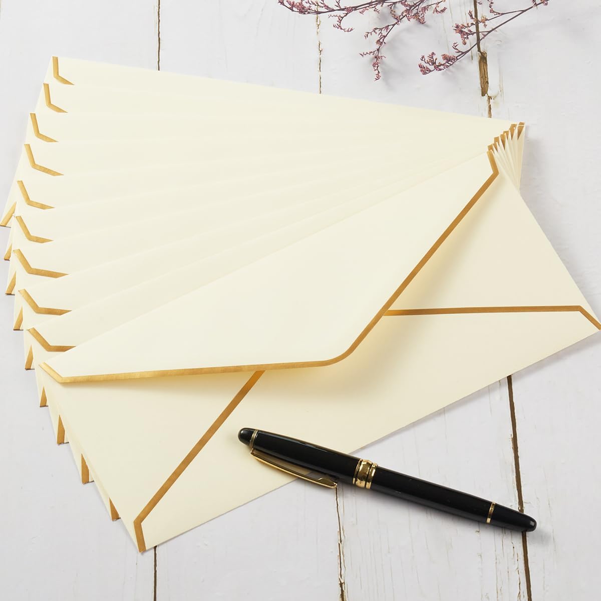 50 Pack #10 Business Envelopes with Gold Border, Self Seal Standard Envelopes with Gold Stickers for Office, Checks, Letter Mailing, Invoices, 4 1/8 x 9 1/2 Inches (Cream Color)
