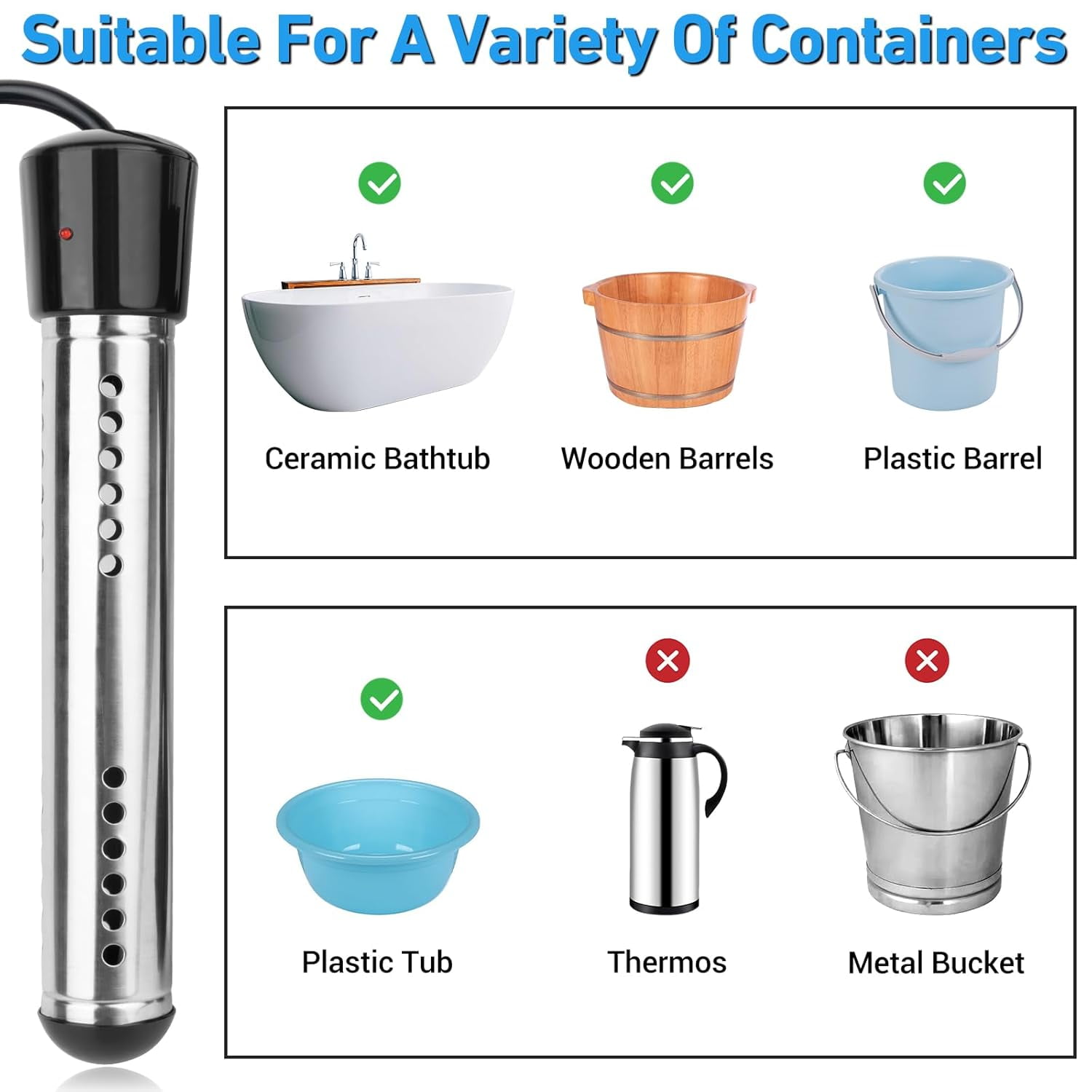 JOGGEIL Immersion Water Heater 1500W with 158°F Auto Shut-off, Portable Submersible Water Heater with Full 304 Stainless Steel Guard and LCD Thermometer, Fast Heating for Bucket, Bathtub, Small Pool