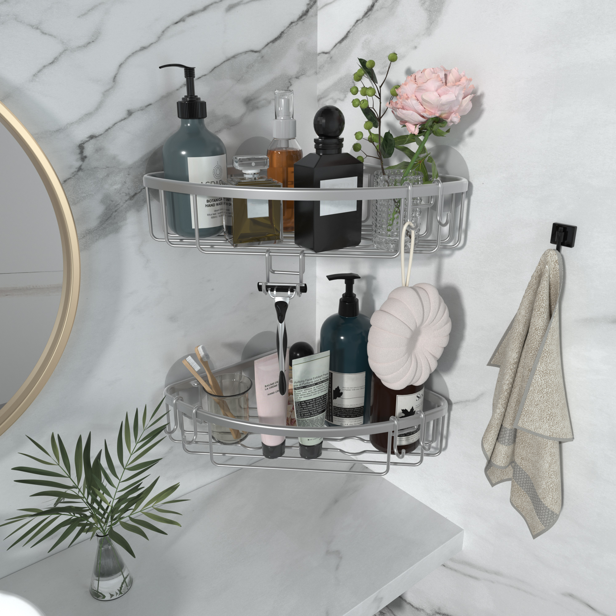 Aluminum Corner Shower Caddy Bathroom Shelf with Hooks, Shower Basket