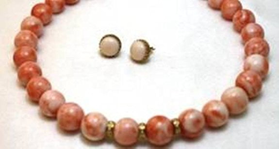 Coral Set Neckace and Earrings 17mm Fine Italian Coral Angel Skin with 0.30k Brilliant Diamonds. 14k Gold Roundels 14k... by GINO