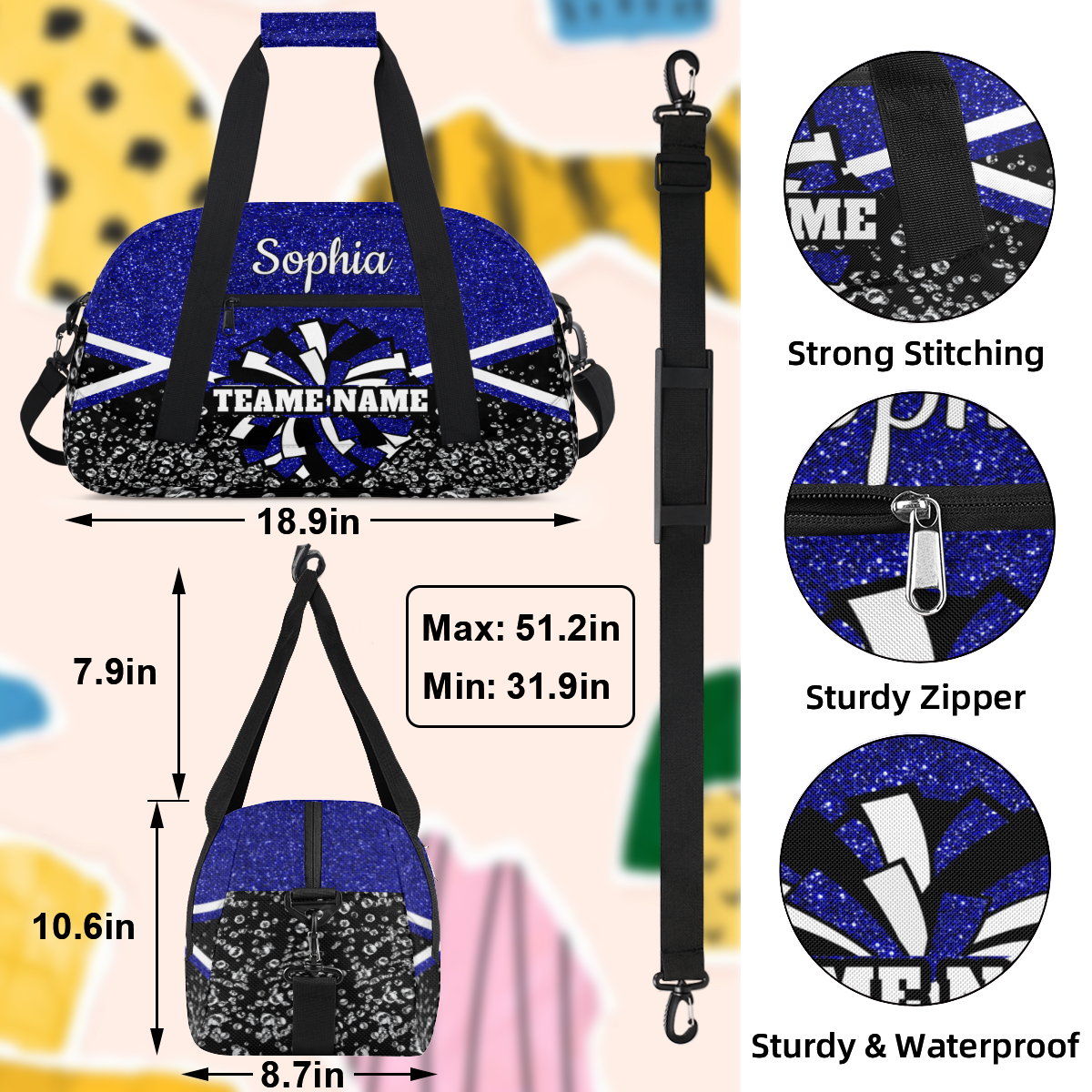 Jiaoprinted Personalized Cheer Bag, Custom Cheerleader Gym Bag Sport Duffel Bag, Customize Travel Overnight Weekender Bags, Cheerleading Gifts, Blue Glitter