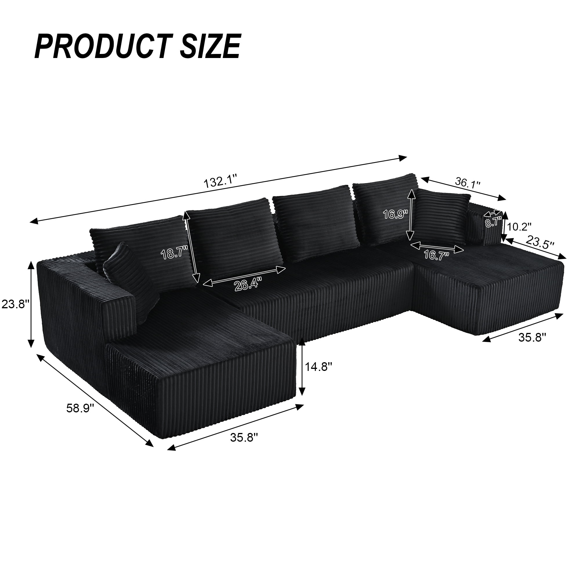 Leumius 132" U Shaped Cloud Couch Sectional Sofa,Modular Sectional Sofa with Double Chaise,Oversized Deep Seat Boneless Couch for Living Room,No Assembly Required,Black