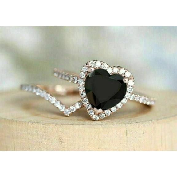 Silver & Stone Jewels Heart Cubic Zirconia Bridal set Engagement Ring 14K Rose Gold Finish