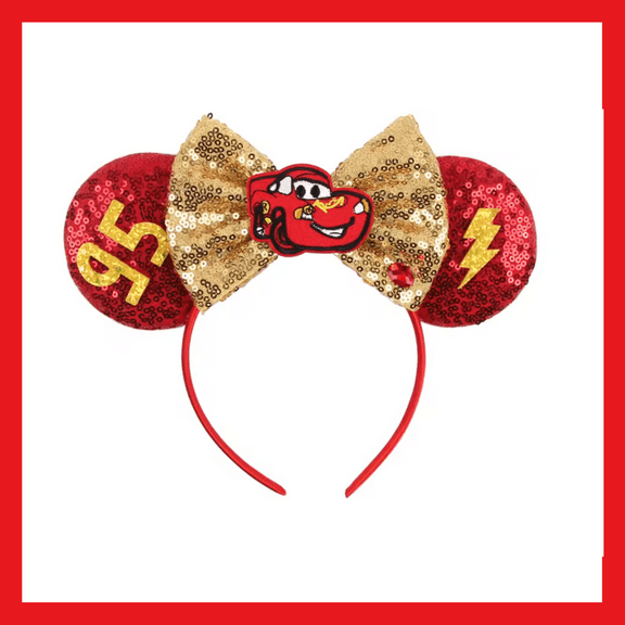 Cars McQueen Ears Red Sequins with Gold Bow Sequins - One Size Fits All (Toddler to Adult)