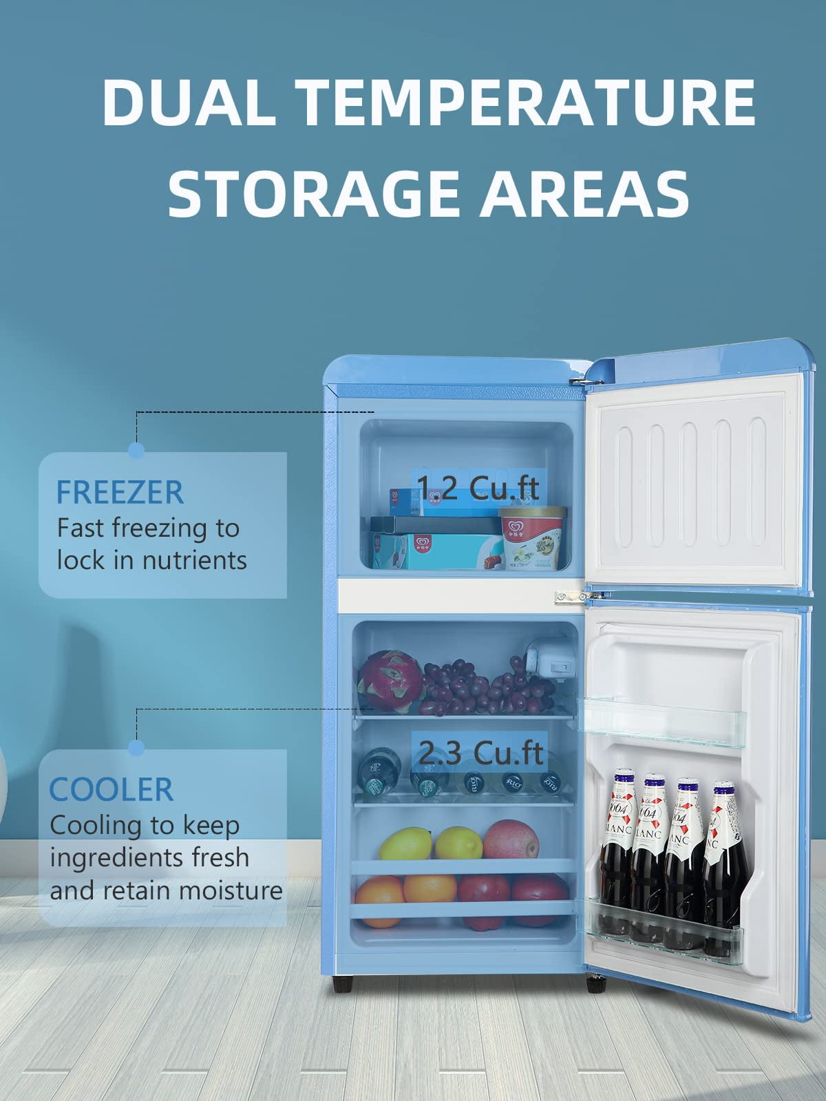 3.5 Cu.ft Compact Refrigerator, Retro Mini Fridge with Freezer, Small Drink Chiller with 2 Door Adjustable Mechanical Thermostat for Home, Office,Dorm or RV Blue