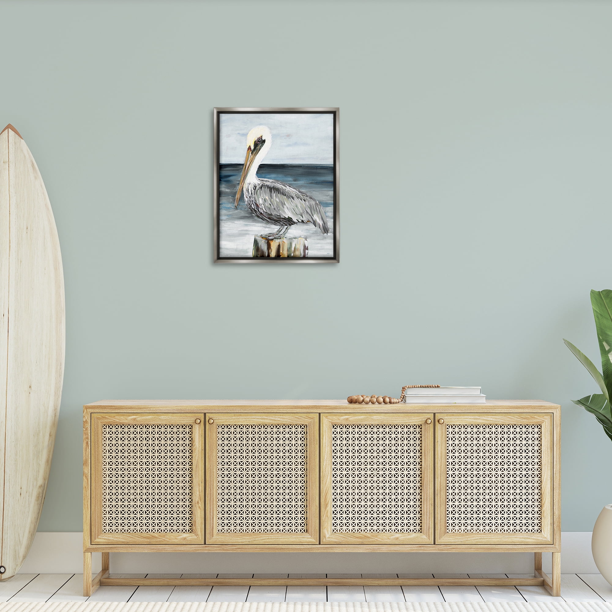 Stupell Industries Peaceful Beach Pelican Animals & Insects Painting Gray Floater Framed Canvas Art Print Wall Art, 25 x 31