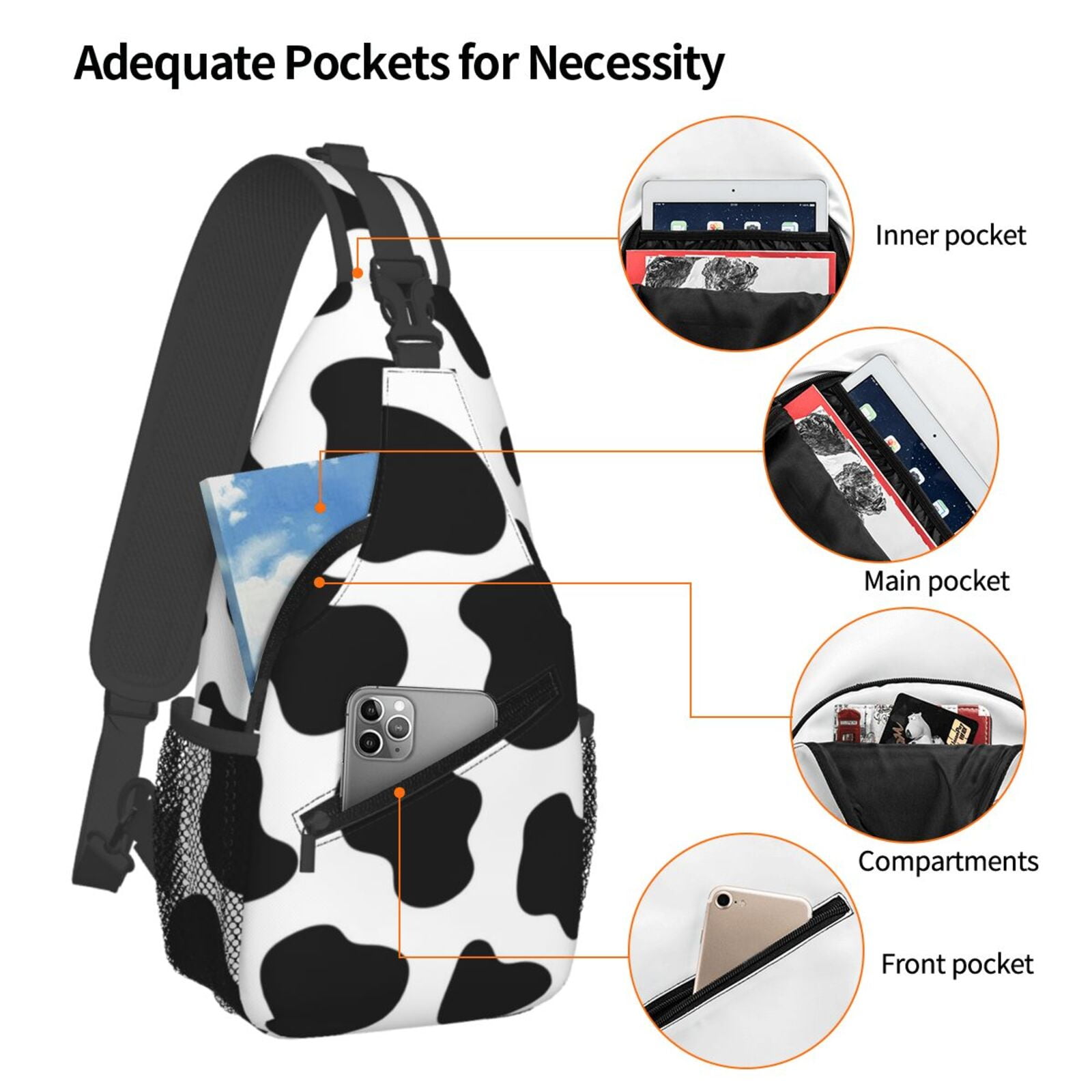 Black And White Cow Skin Print Sling Backpack Shoulder Chest Crossbody Bag Causal Travel Hiking Daypack
