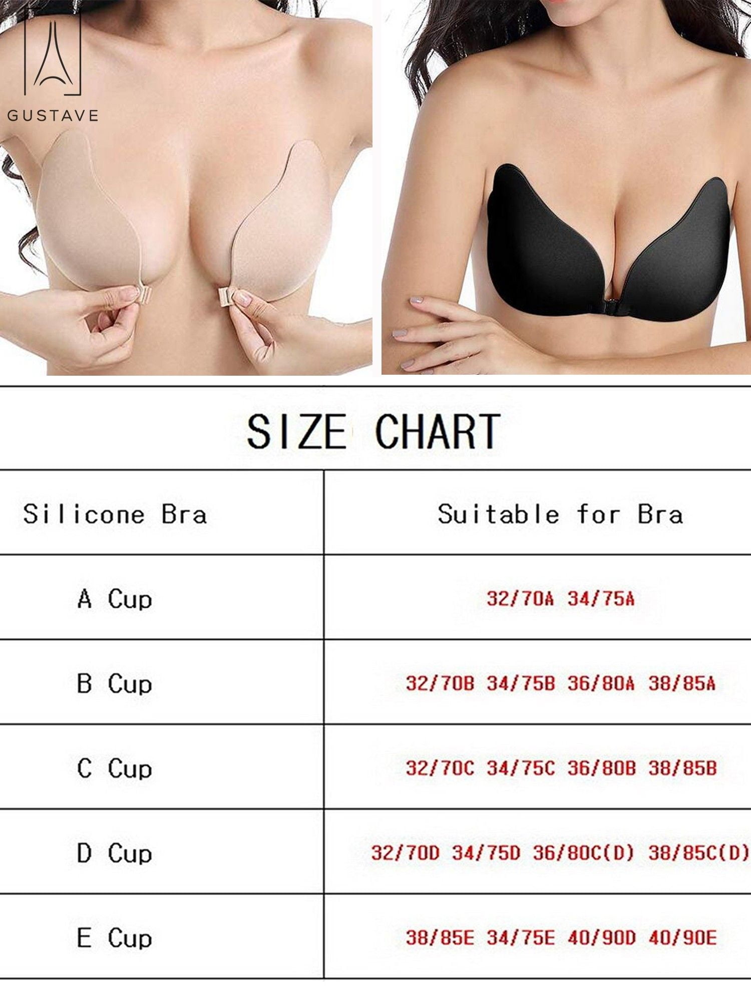 GustaveDesign 2 Packs Women's Sexy Strapless Invisible Bra Reusable  Self-Adhesive Push Up Bra Backless Sticky Silicone Bra Black, B Cup 