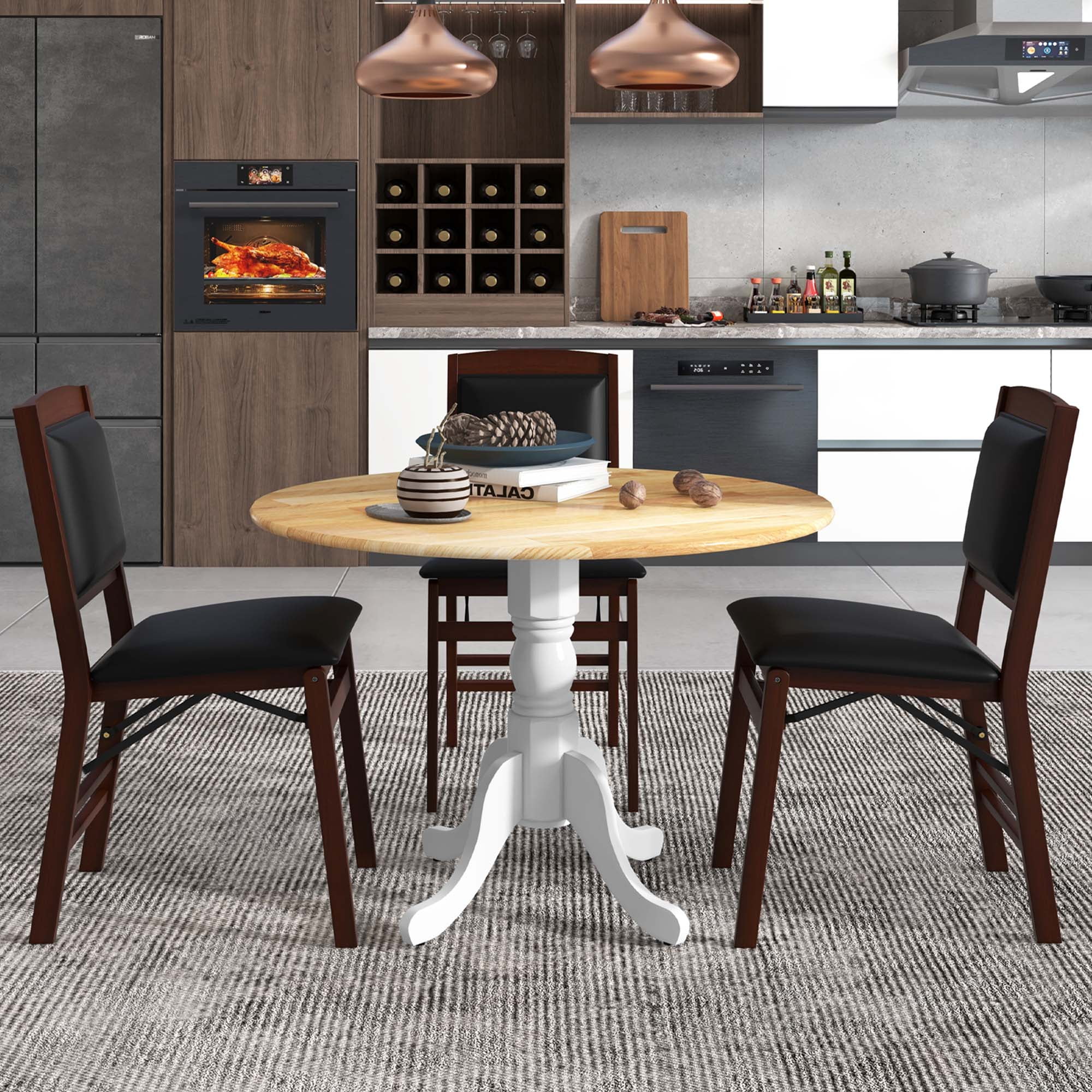 Costway 4-Person Dining Table Wooden Kitchen Table with Solid Rubber Wood Frame for Kitchen White&Natural