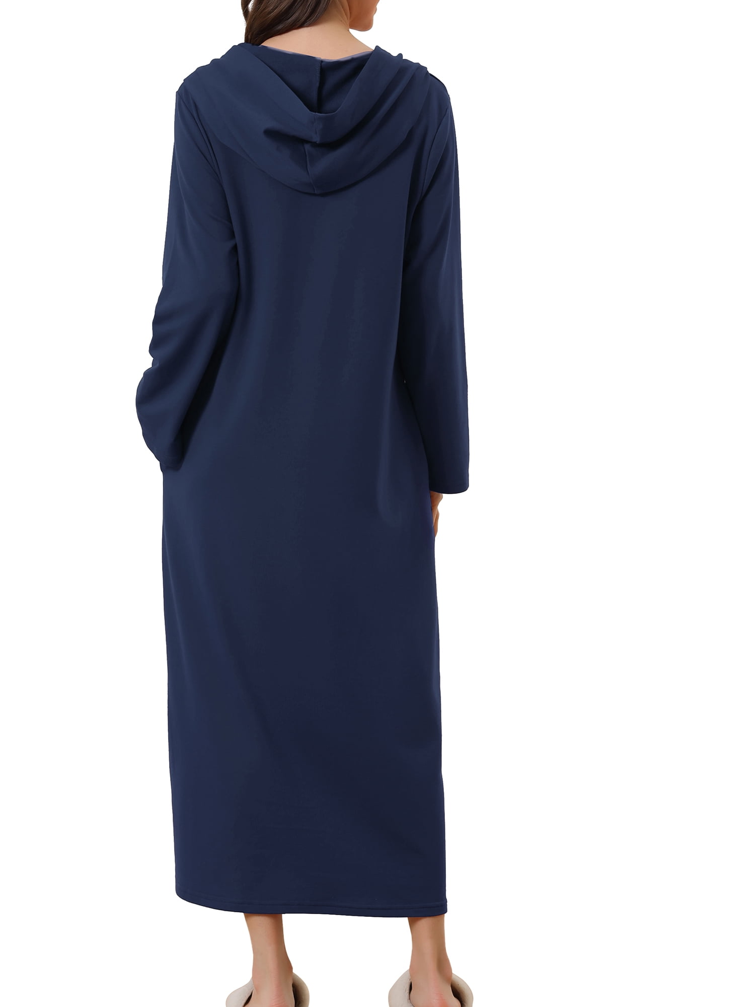 Unique Bargains Womens Robe Zip up Hooded House Dress Nightshirt Hoodie Long Bathrobe S Navy Blue