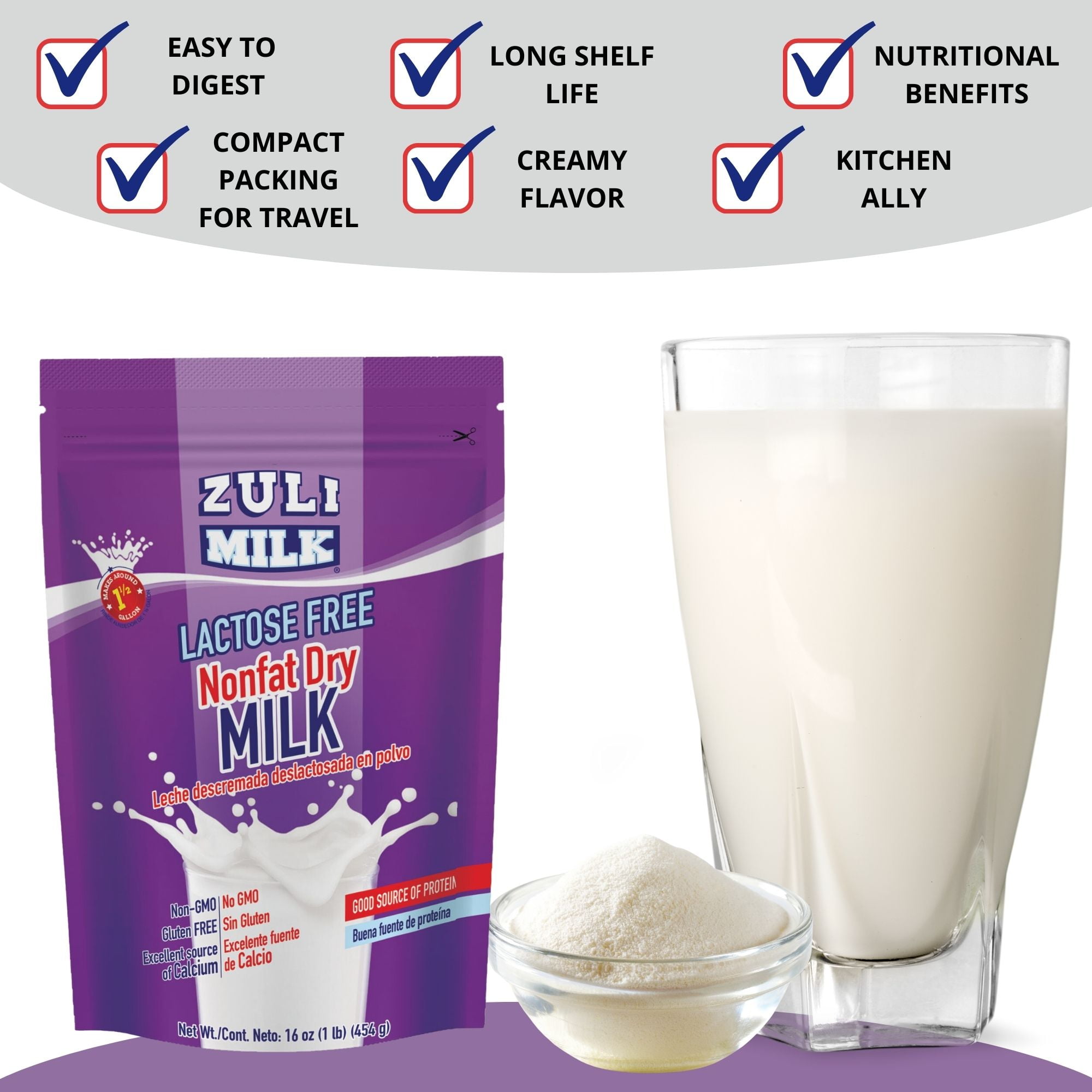 Zuli Milk Nonfat Dry Milk Powder, Original Flavor, Fat Free, Lactose Free, Non-GMO, rBST-Free, 16 oz, pack of 3