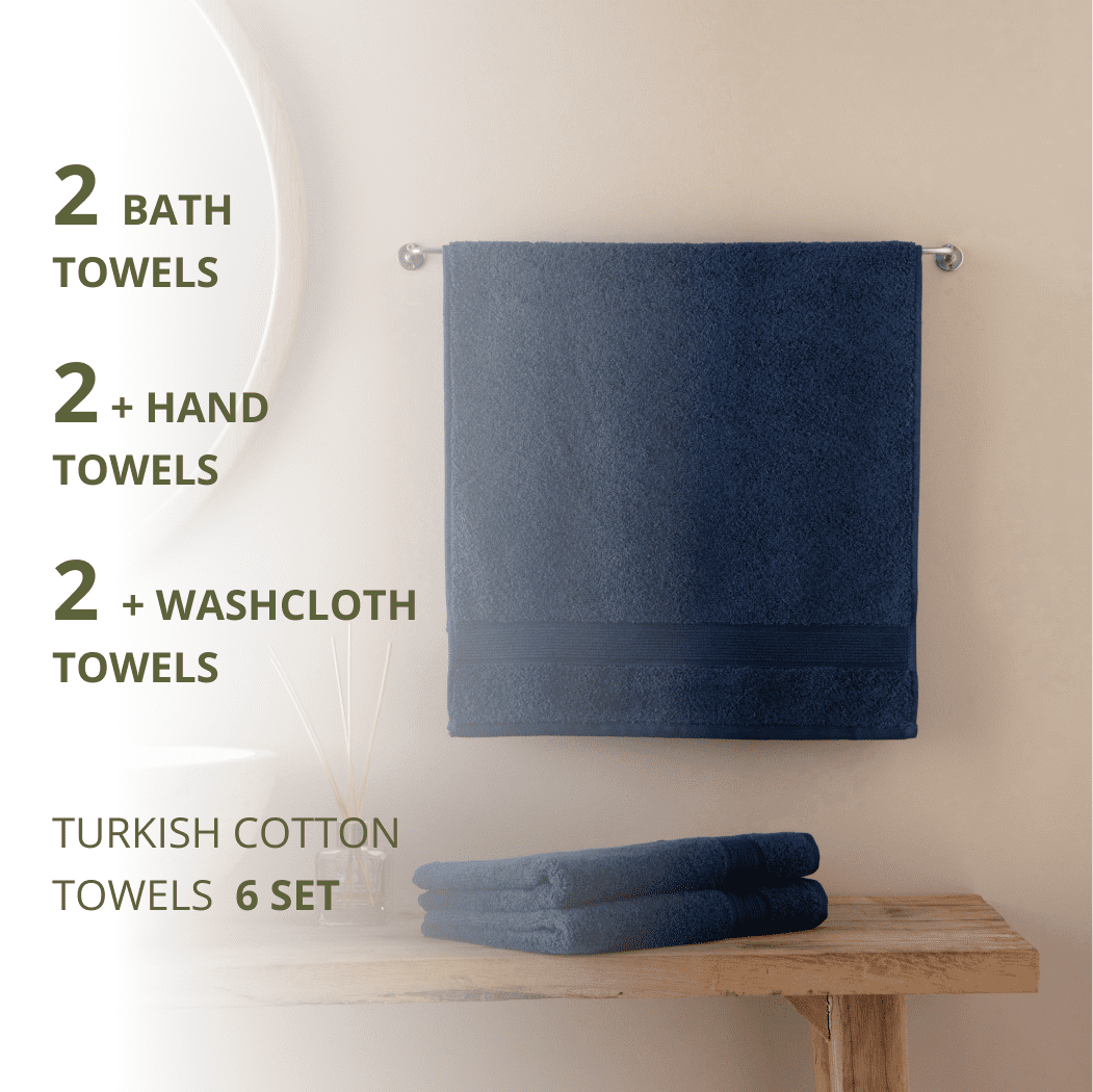 HOME ESSENTIALS 100 % Cotton Luxury Turkish Wash Cloths and Bath Towels Set of 6, 600 GSM Lightweight Super Absorbent Travel Towels Pack, Quick Dry Towels for Spa, Hotel Bathroom Essentials, Navy