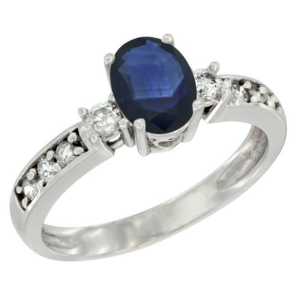 14K White Gold Natural Blue Sapphire Ring Oval 7x5 mm Diamond Accent, size 5.5
