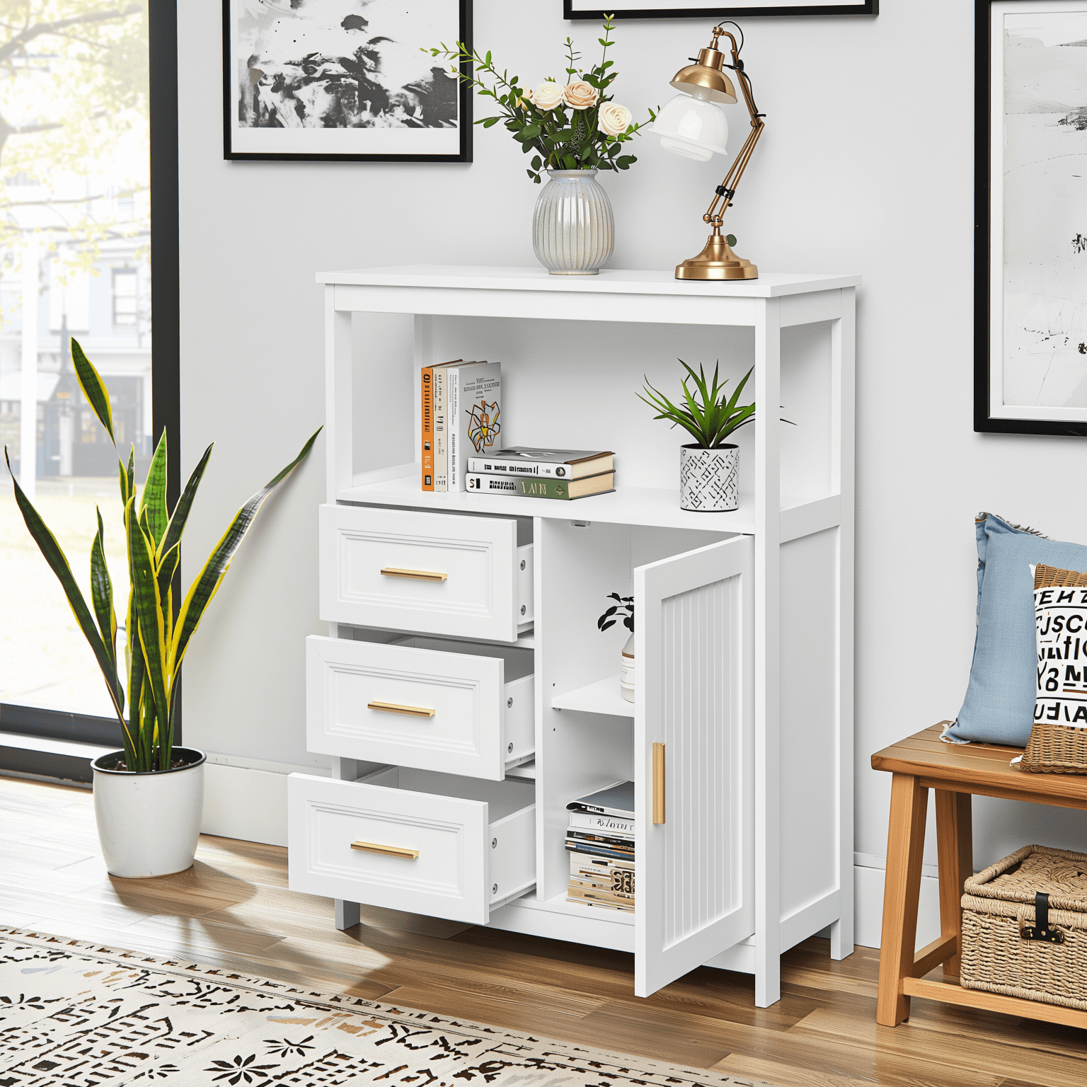 Homy Casa 38 Accent Cabinet with 3 Drawers Fluted Door and Open Shelf Kitchen Storage White