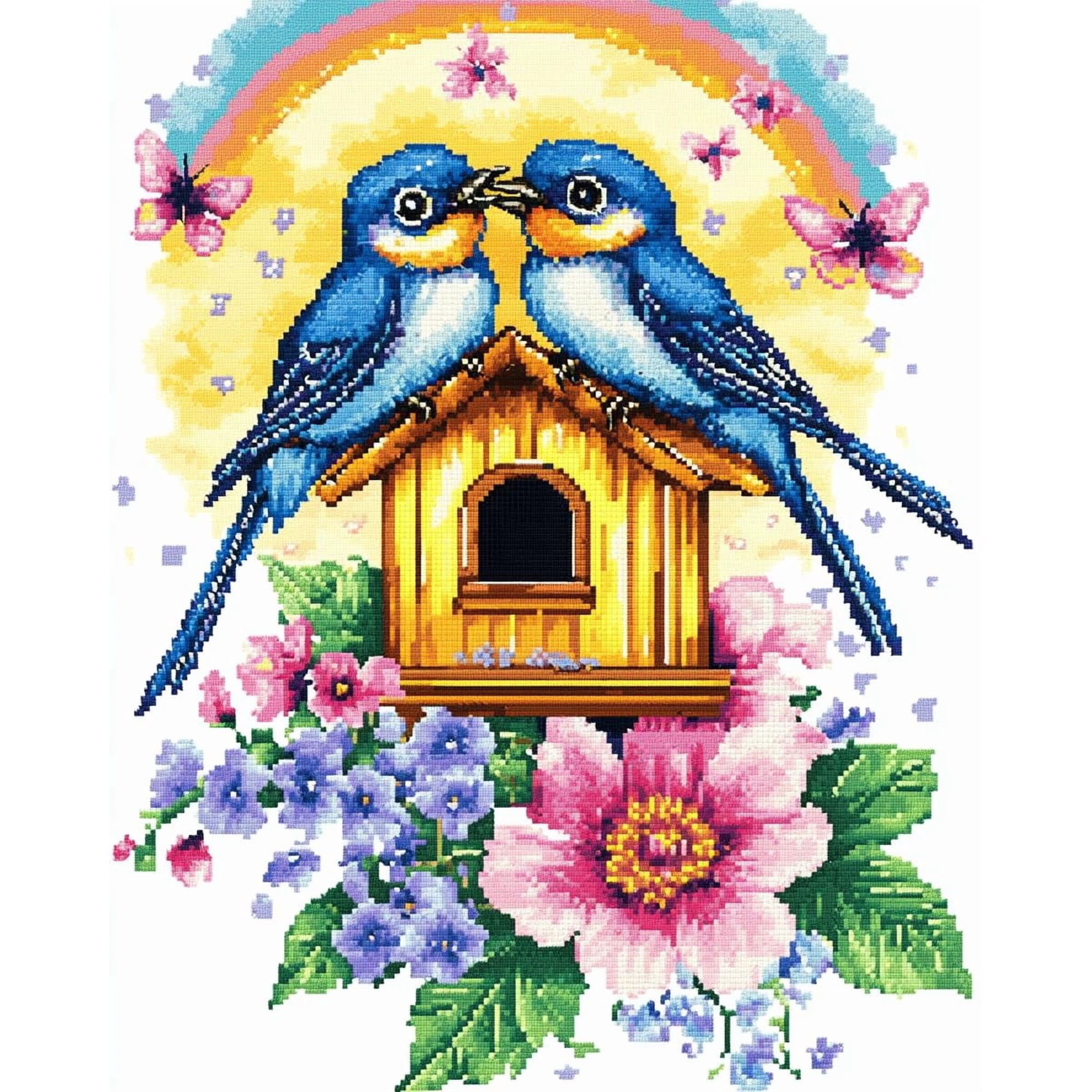 DIY Cross Stitch Kit for Beginners Two Cute Bluebirds in Love 11CT Embroidery Kit with Pattern Stamped Needlepoint Craft Kit for Home Decor 30x40cm-3