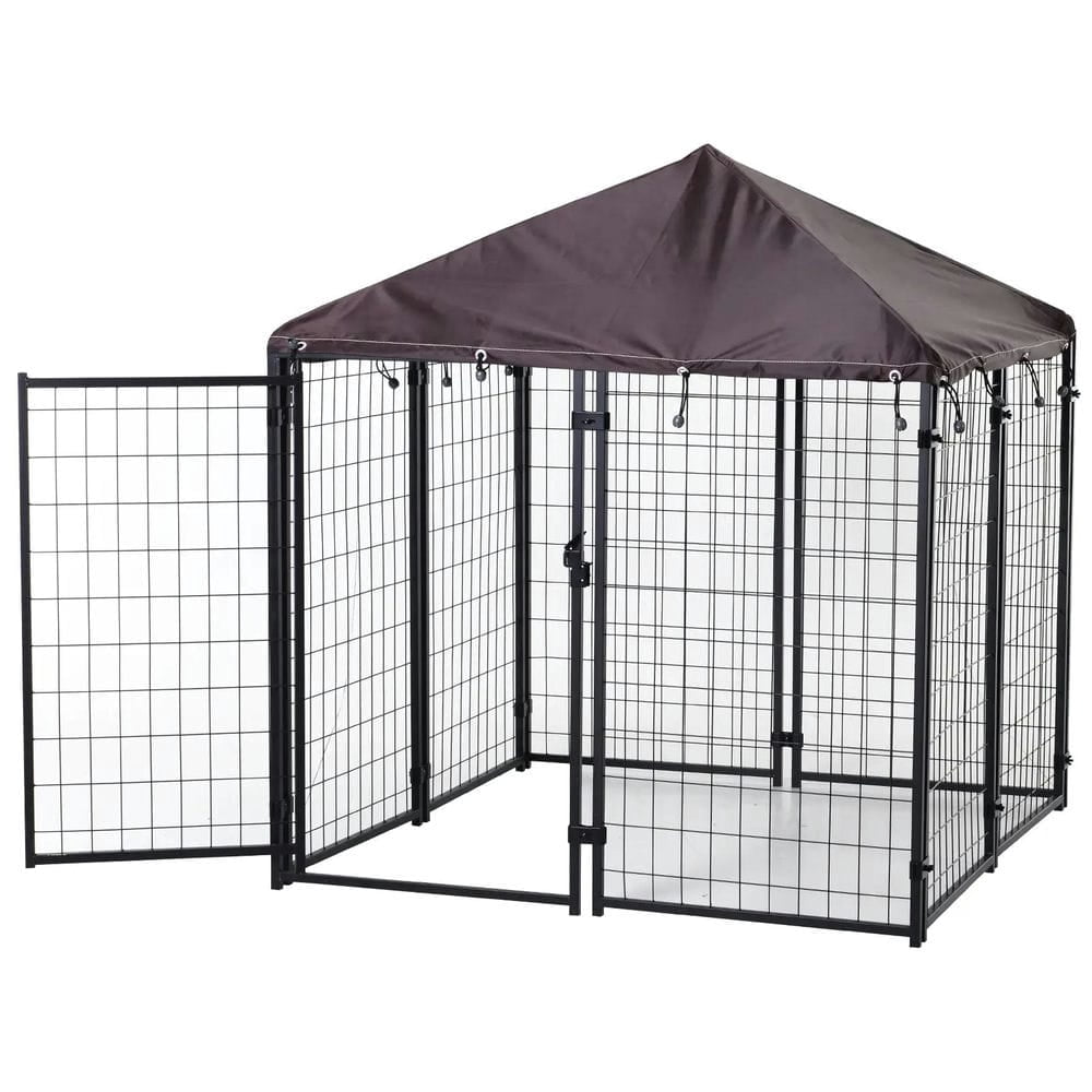 Topcobe 4.6' x 4.6' x 5' Outdoor Dog Kennel, Walk-in Pet Playpen, Welded Wire Steel with Water and UV-Resistant Canopy, Outside Pet Shelter, Small Animal Habitat, Black