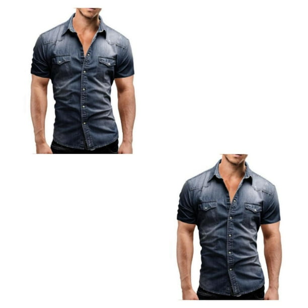 Camisa de mezclilla de verano Qarigey para hombre delgada de manga corta Azul oscuro 2XL