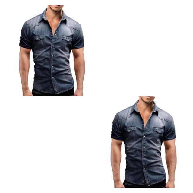 Camisa de mezclilla de verano Qarigey para hombre delgada de manga corta Azul oscuro 2XL