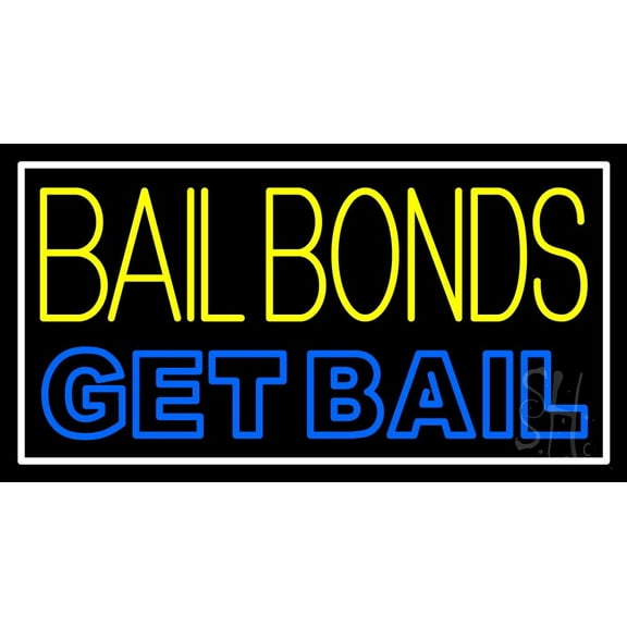 Yellow Bail Bonds Get Bail LED Neon Sign 20 x 37 - inches, Black Square Cut Acrylic Backing, with Dimmer - Bright and Premium built indoor LED Neon Sign for Defence Force.