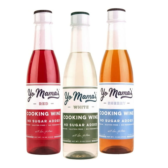 Yo Mama's Foods Premium Cooking Wines Variety Pack | (3) 13 Ounce Bottles | White (1), Sherry (1) and Red (1) No Sugar Added, Gluten Free, No preservatives, Use for Cooking, Marinades, & Dressings