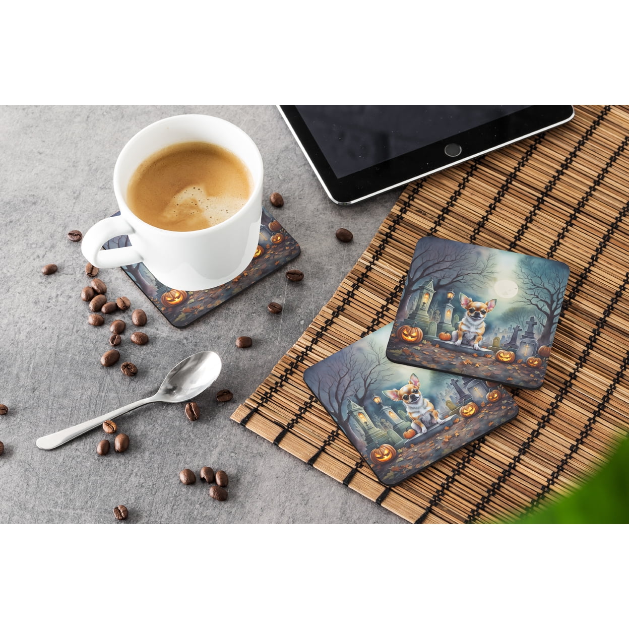 Chihuahua Spooky Halloween Foam Coaster Set of 4 3.5 in x 3.5 in