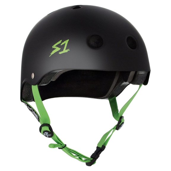 S1 Lifer Helmet for Skateboarding, BMX, and Skating - Black Matte w/Bright Green Straps, X-Large (22.5")