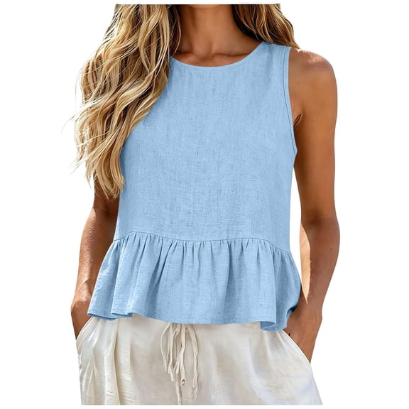 APEXFWDT Peplum Top Women's Cotton Linen Beach Ruffle Tank Top Round Neck Sleeveless Cute Casual Summer Shirt