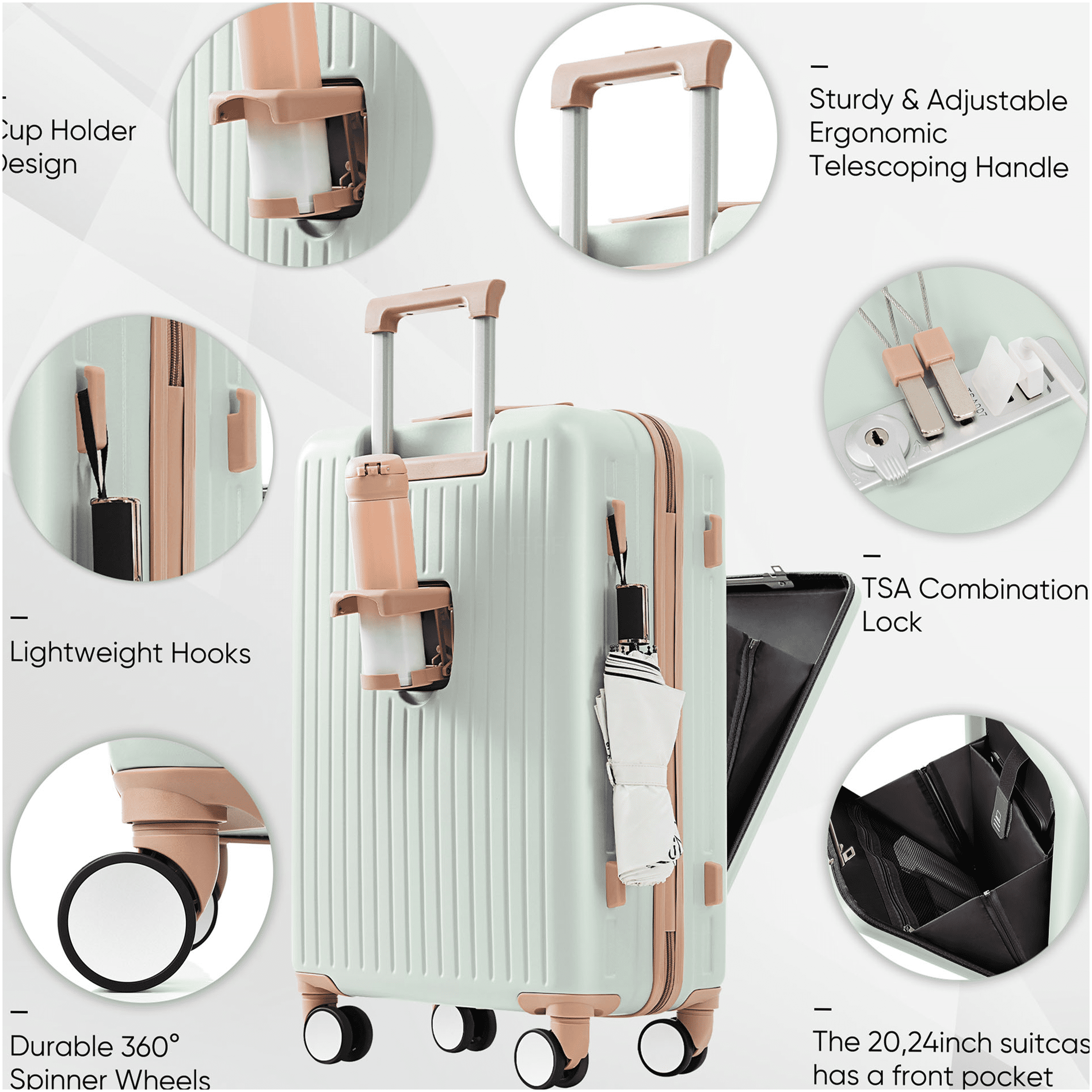 JERFIT 3-Piece ABS Hard Shell Spinner Luggage Set with USB Charging Ports, Front-Open Design & Cup Holder, 20/24/28 Inch Airline Approved Suitcases, Grey