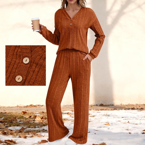 LEWKW Womens Waffle-Knit Lounge Sets Long Sleeve Henley V Neck Top & Wide Leg Pants Ribbed Sleepwear Casual Soft Pajamas 2 Piece Outfits