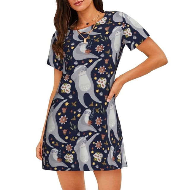 Balery Sloths Dancing Camisón de manga corta con cuello redondo para mujer, cómodo y elegante.