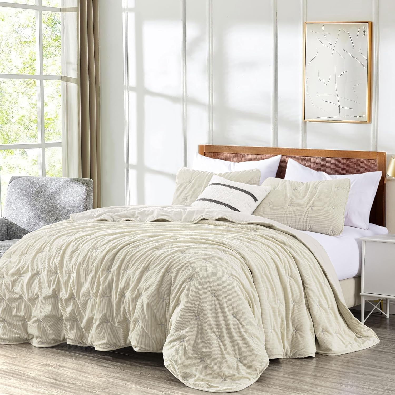 Chezmoi Collection Corduroy Queen Quilt Set Beige, 3-Piece Luxury Soft Cross Stitch Polyester Corduory Lightweight Bedspread, 1 Quilt 90 in x 94 in and 2 Pillow Shams 20 in x 26 in
