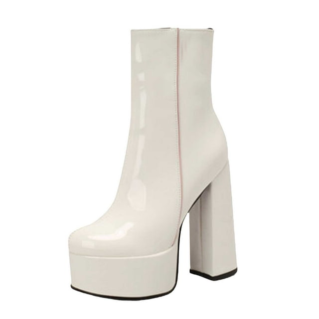 Bottes Habillées à Plateforme pour Femmes Mode en Cuir Verni Ultra Épaisses à Talon Bloc Haut à Fermeture Éclair Bottines Courtes à la Cheville