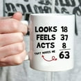 thumbnail image 5 of Funny 63rd Birthday Gifts for Women Men - Looks 18 Feels 37 Acts 8 That Makes Me 63 Mug - 63 Year Old Present Ideas for Grandma, Grandpa, Mom, Dad, Wife, Sisters, Friends, Coworkers - 11 oz Coffee Mug, 5 of 6
