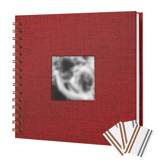 12-Inch Linen Hardcover Scrapbook Album with Photo Window, Spiral Bound DIY Memory Book with Gift Box, Includes Gold/Silver/White Photo Corners