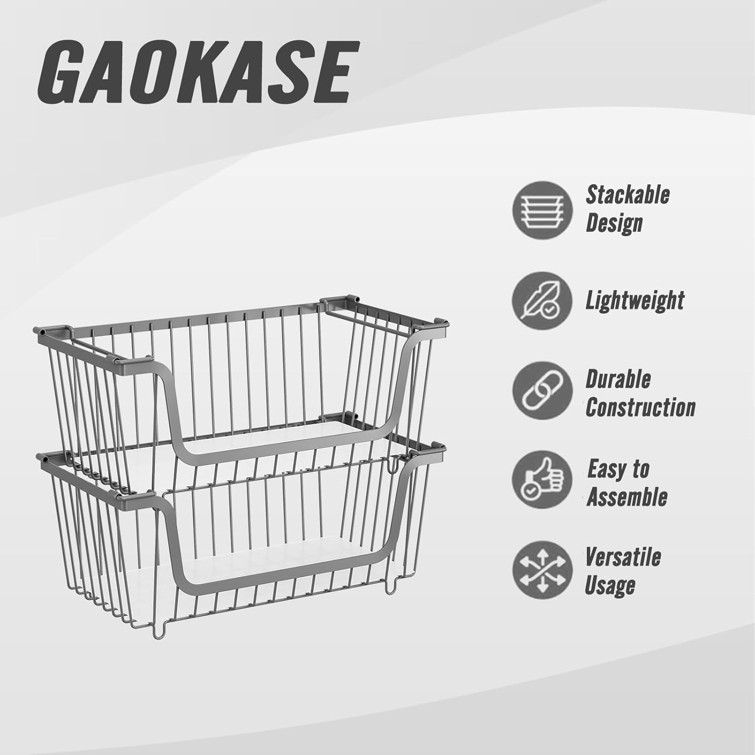 4 Pcs Stackable Wire Baskets for Pantry Organizers and Storage, Kitchen Countertop Vegetable Fruit Bins, Metal Produce Basket for Potato Onion Storage, Gray