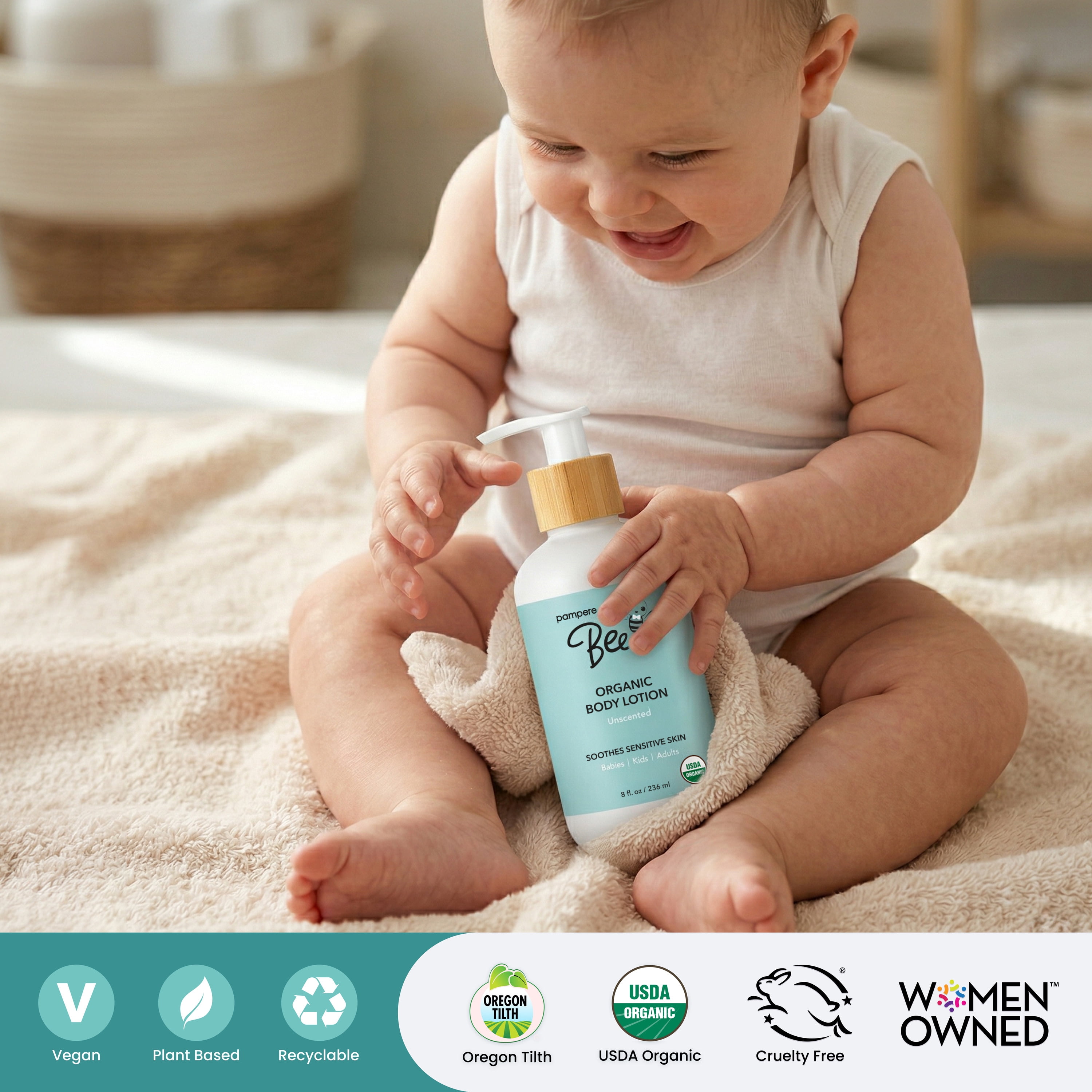 (6 pack) Pampered Bee Organic Unscented Baby Lotion 8 fl oz - Deep Hydration for Sensitive Skin