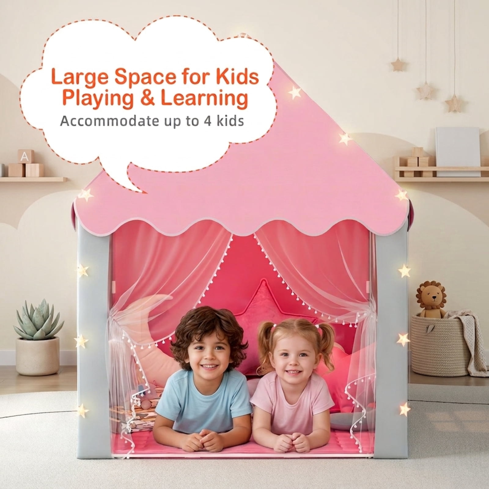 Fenbeli 2-in-1 Kids Play Tent with Padded Mat and Star Lights, Indoor Outdoor Playhouse with Windows, Pink and Gray
