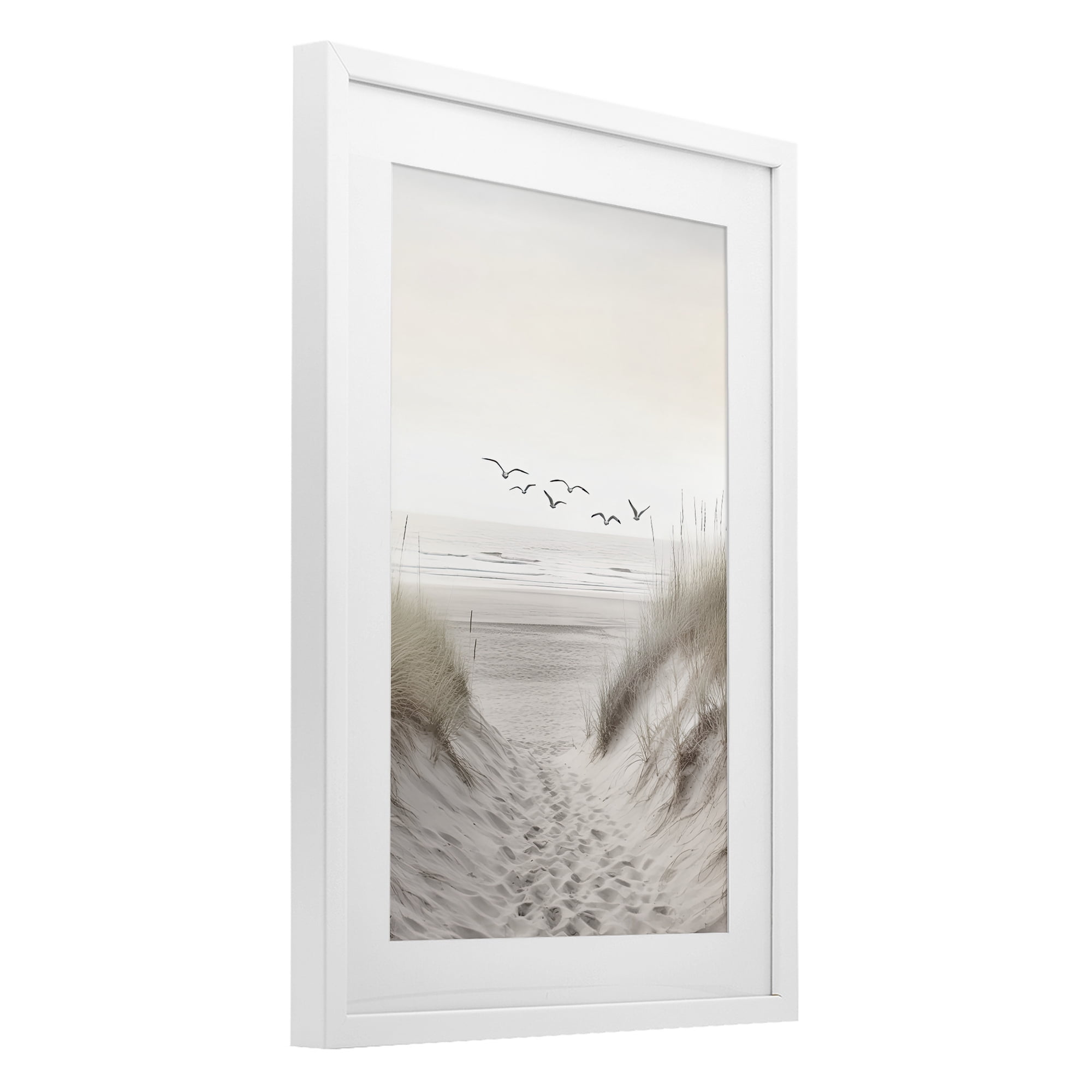 Seagulls over Sandy Footprints White Framed Print Under Glass, design by Decent Exposures