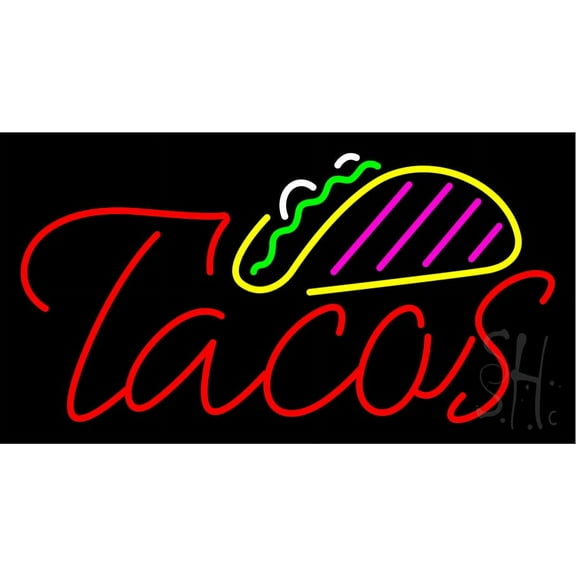 Double Stroke Tacos LED Neon Sign 20 x 37 - inches, Black Square Cut Acrylic Backing, with Dimmer - Bright and Premium built indoor LED Neon Sign for restaurant window and interior decor.